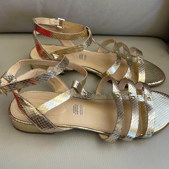 Liz Claiborne Shoes - Liz Claiborne gold faux python print ankle strap sandals